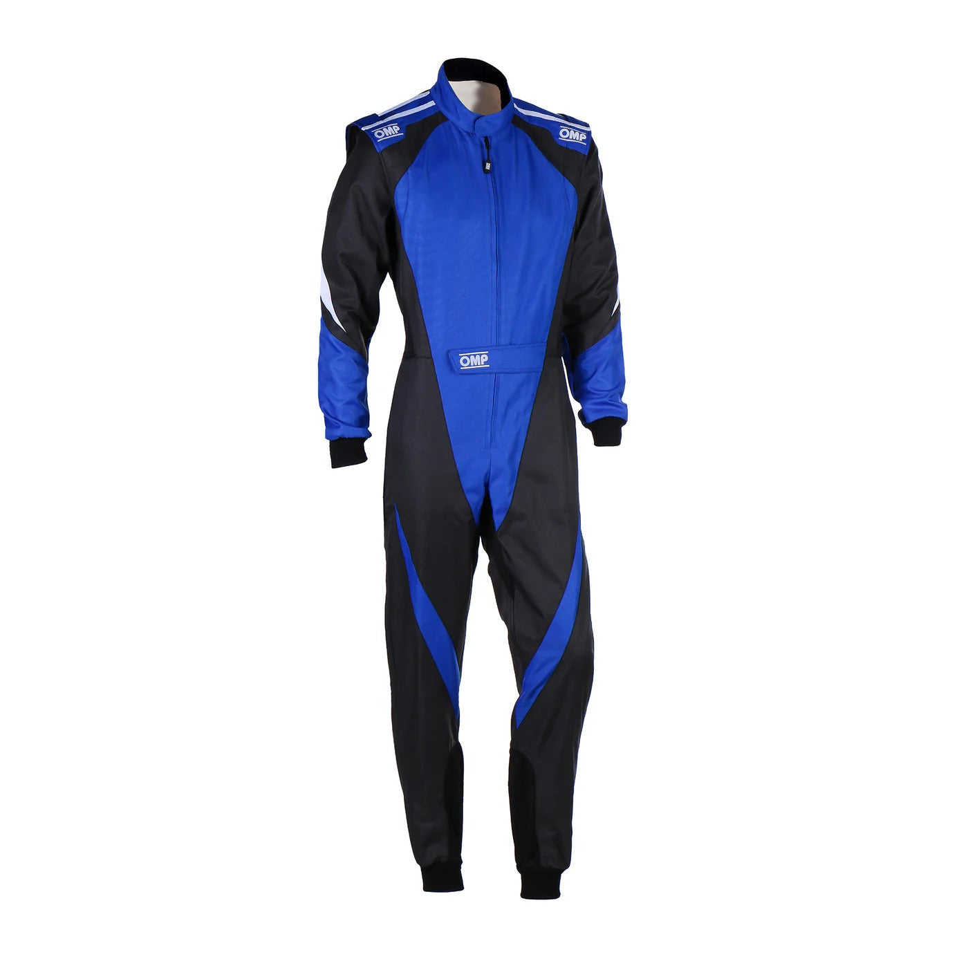 Front view of adult-size OMP KS-3X FIA black and blue karting suit featuring advanced dual-layer protection, lightweight fabric, and aerodynamic race design.