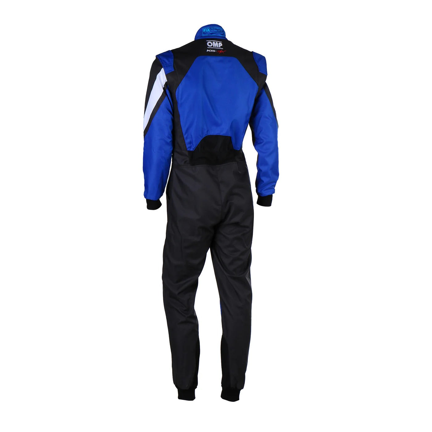 Back of adult-size OMP KS-3X FIA black and blue karting suit showing breathable mesh panels, reinforced seams, and professional-grade racing structure.