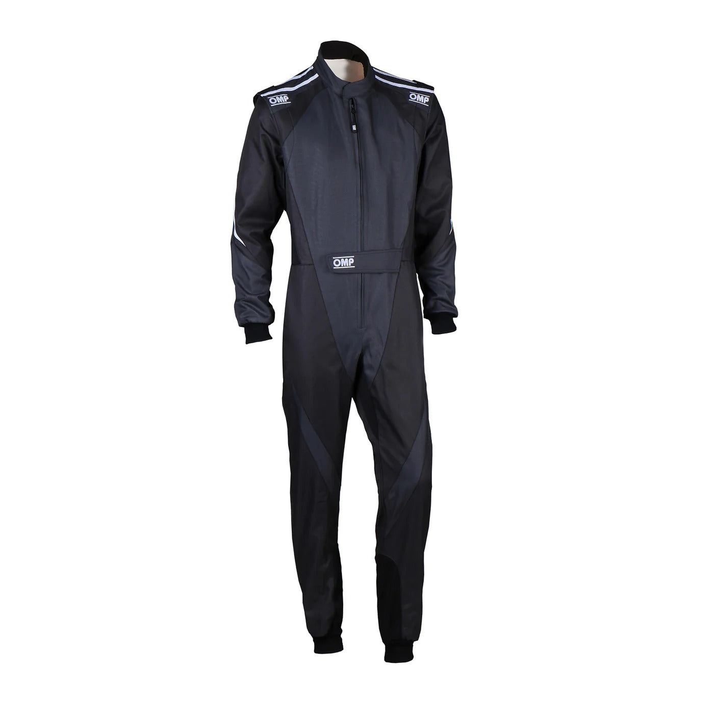 Front view of adult-size OMP KS-3X FIA black karting suit featuring advanced dual-layer protection, lightweight fabric, and aerodynamic race design.