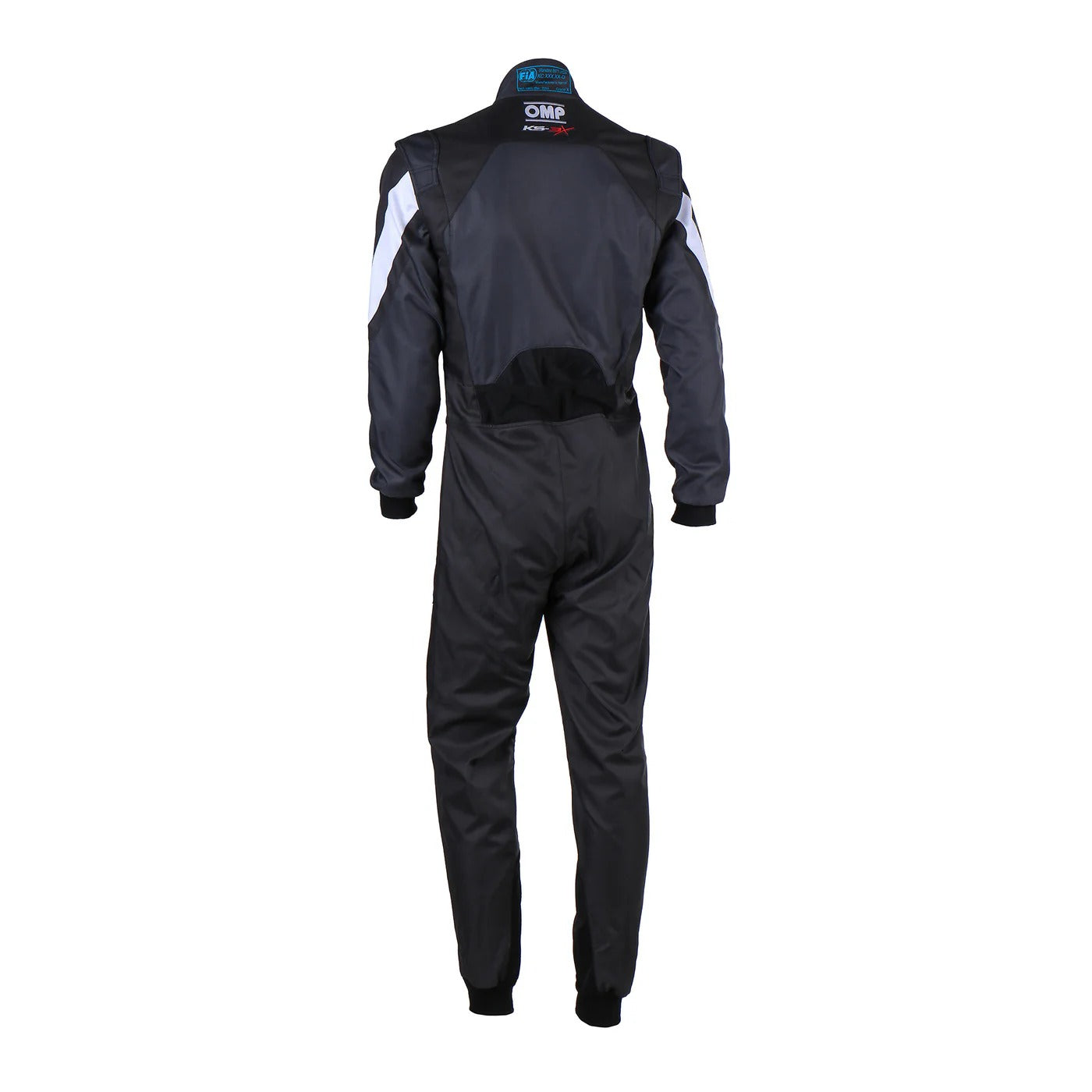 Back of adult-size OMP KS-3X FIA black karting suit showing breathable mesh panels, reinforced seams, and professional-grade racing structure.