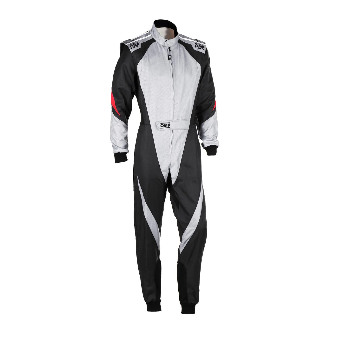 Front view of adult-size OMP KS-3X FIA black and white karting suit featuring advanced dual-layer protection, lightweight fabric, and aerodynamic race design.