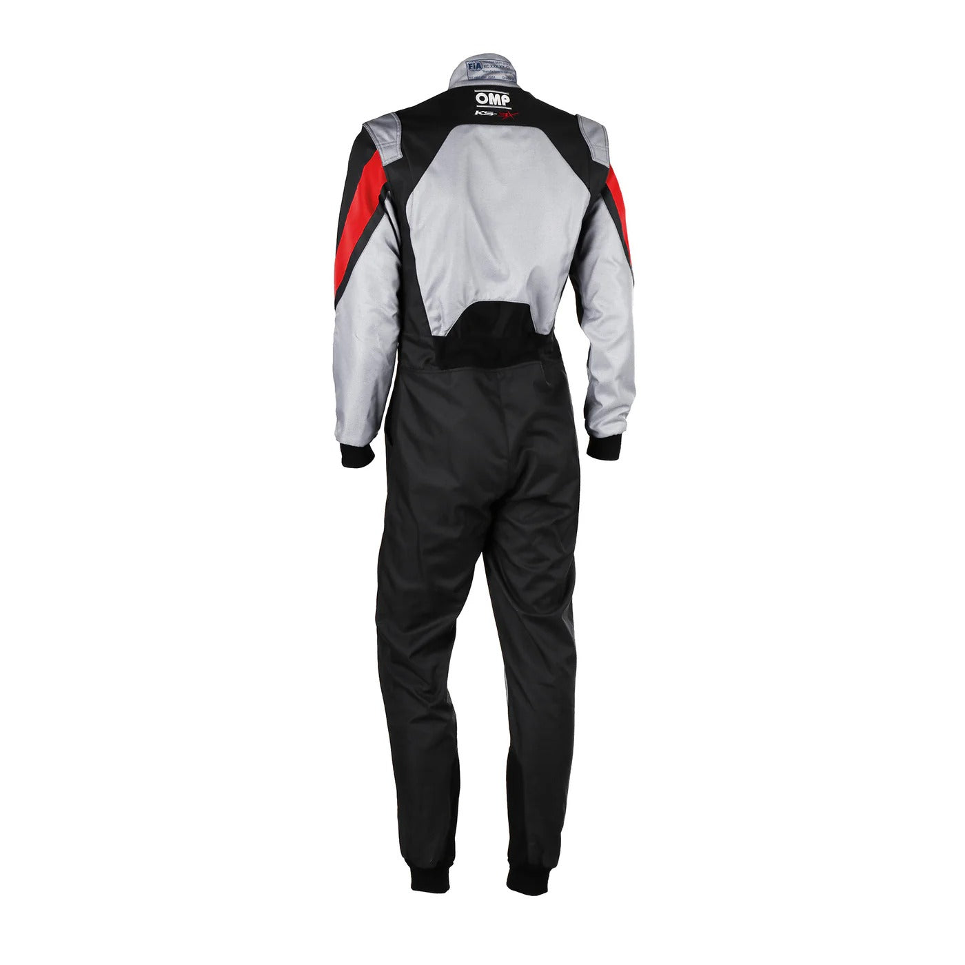Back of adult-size OMP KS-3X FIA karting suit with red and black accents showing breathable mesh panels, reinforced seams, and professional-grade racing structure.