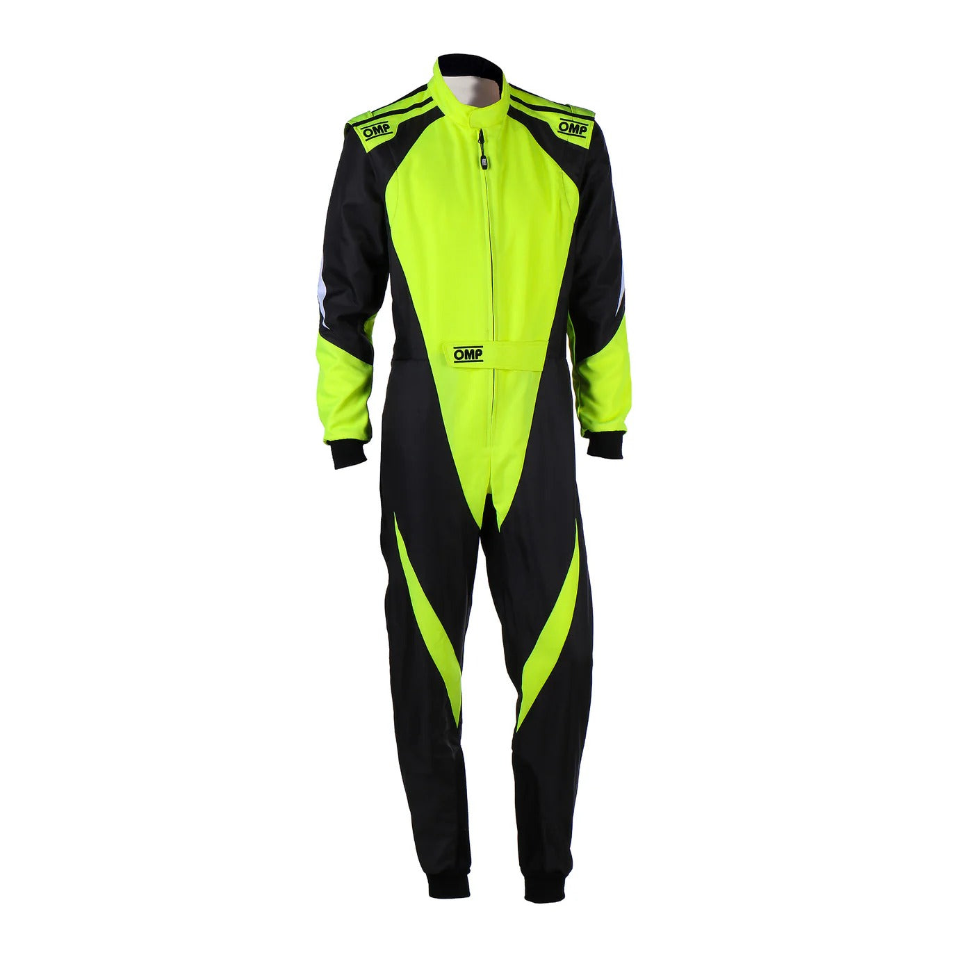 Fluorescent yellow and black Front view of adult-size OMP KS-3X FIA karting suit featuring advanced dual-layer protection, lightweight fabric, and aerodynamic race design.