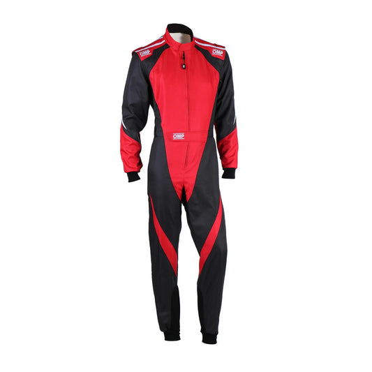Front view of adult-size OMP KS-3X FIA red and black karting suit featuring advanced dual-layer protection, lightweight fabric, and aerodynamic race design.