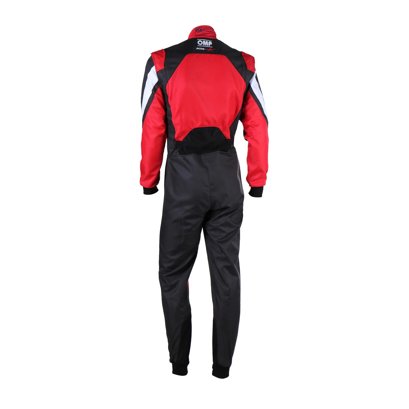 Back of adult-size OMP KS-3X FIA red and black karting suit showing breathable mesh panels, reinforced seams, and professional-grade racing structure.