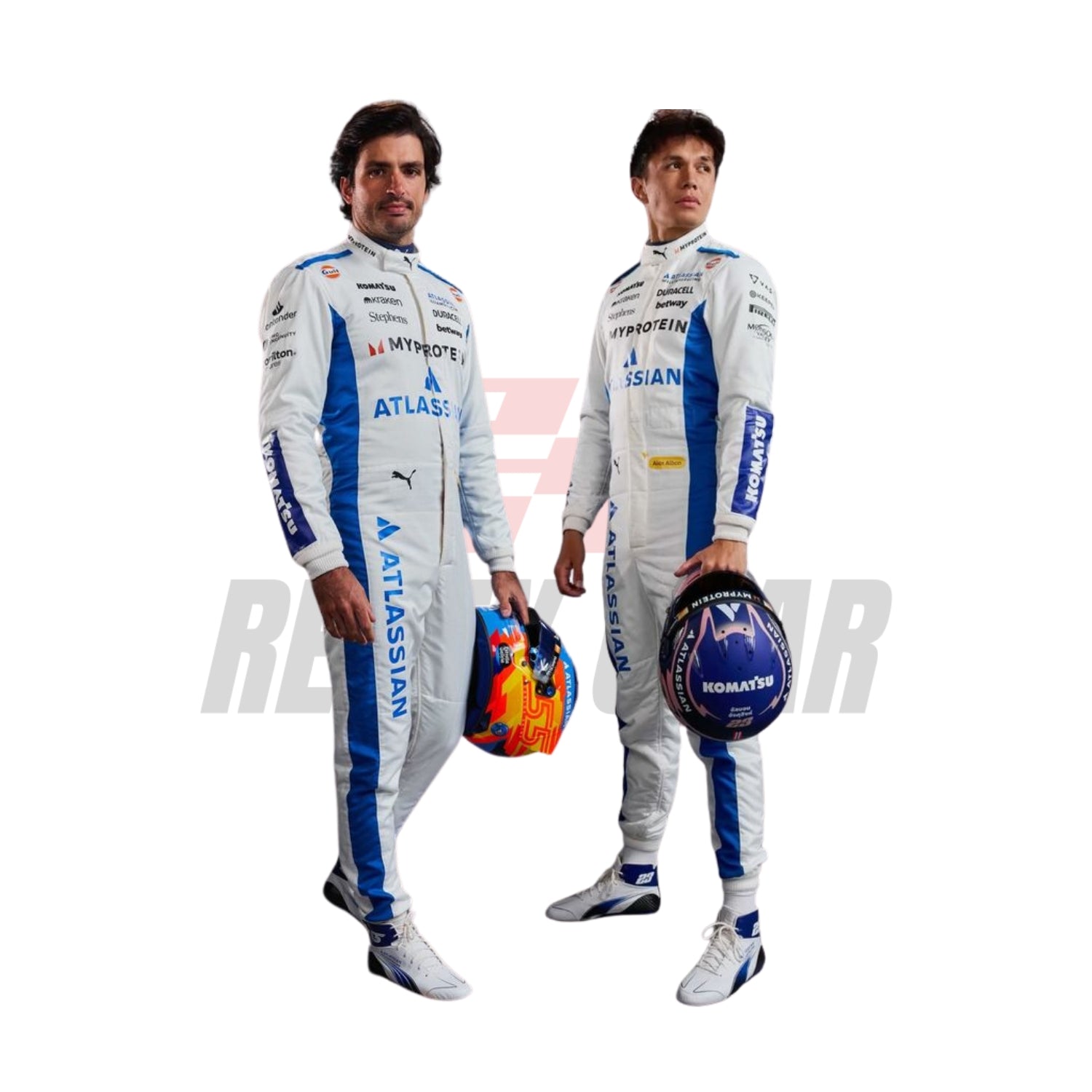 Alex Albon and Carlos Sainz Jr in his 2025 Monaco GP racing suit, showcasing the front design with distinctive color accents.

