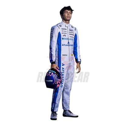 Full Front View of Alexander Albon 2026 F1 Racing Suit holding helmet