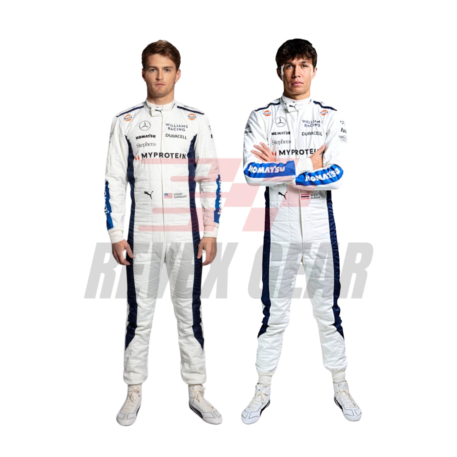 Front view of Alex Albon's and Logan Sargeant  2024 F1 racing suit in white with red and blue accents, showcasing sponsor logos and a modern race-ready design.