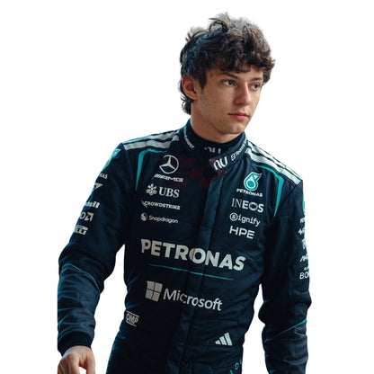 Close up detail of Andrea Kimi Antonelli 2026 racing suit showing chest and shoulder patches - Revex Gear