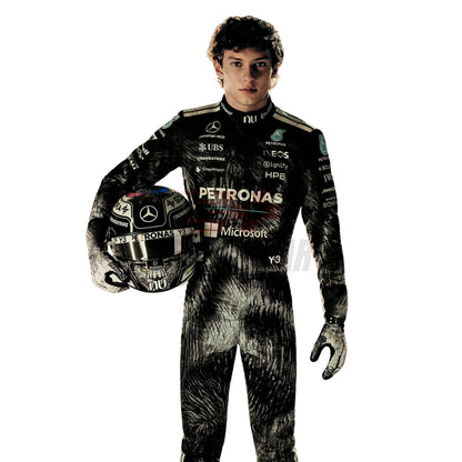 Close-up of 2026 Andrea Kimi Antonelli Japanese GP racing costume showing detailed stitching and Suzuka event patches - Revex Gear