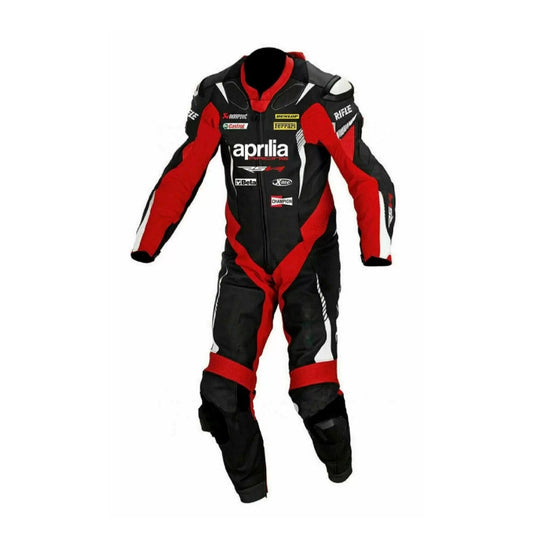 Black and Red Aprilia Motorbike Racing Leather Suit