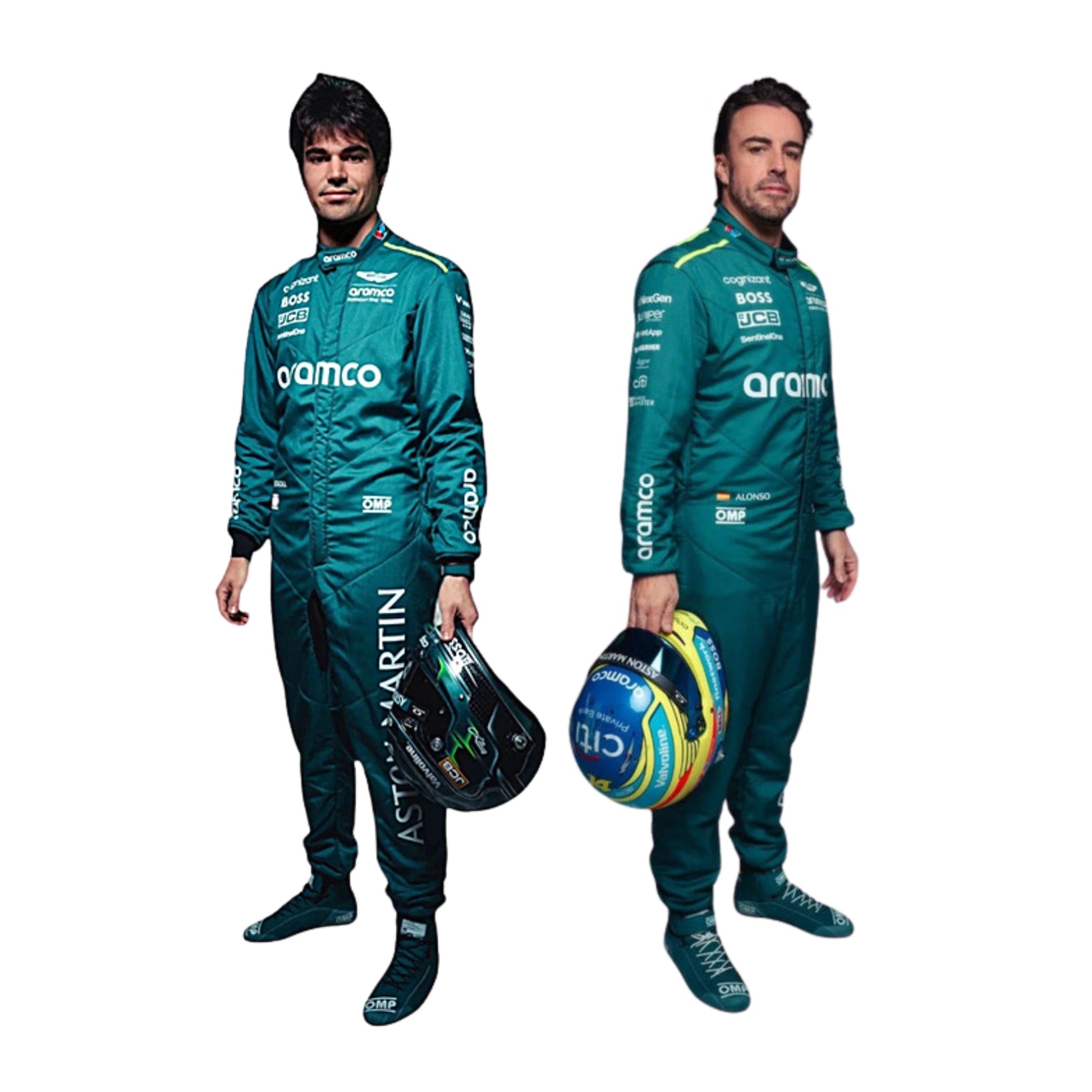 2024 Aston Martin F1 Race Suit Front View, Green and Black Design with Aston Martin and Sponsor Logos, Worn by Fernando Alonso and Lance Stroll