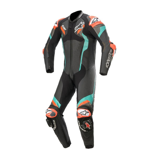 Atem V4 One-Piece Motorcycle Leather Racing Suit Black, Red, and Blue