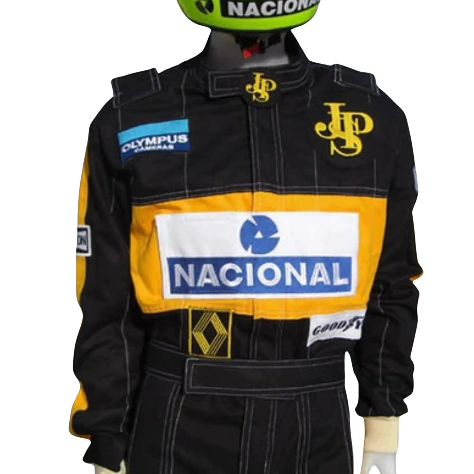 1985 Ayrton Senna F1 JPS Race Suit Half Front, Classic Black and Gold, Logo Details on Chest