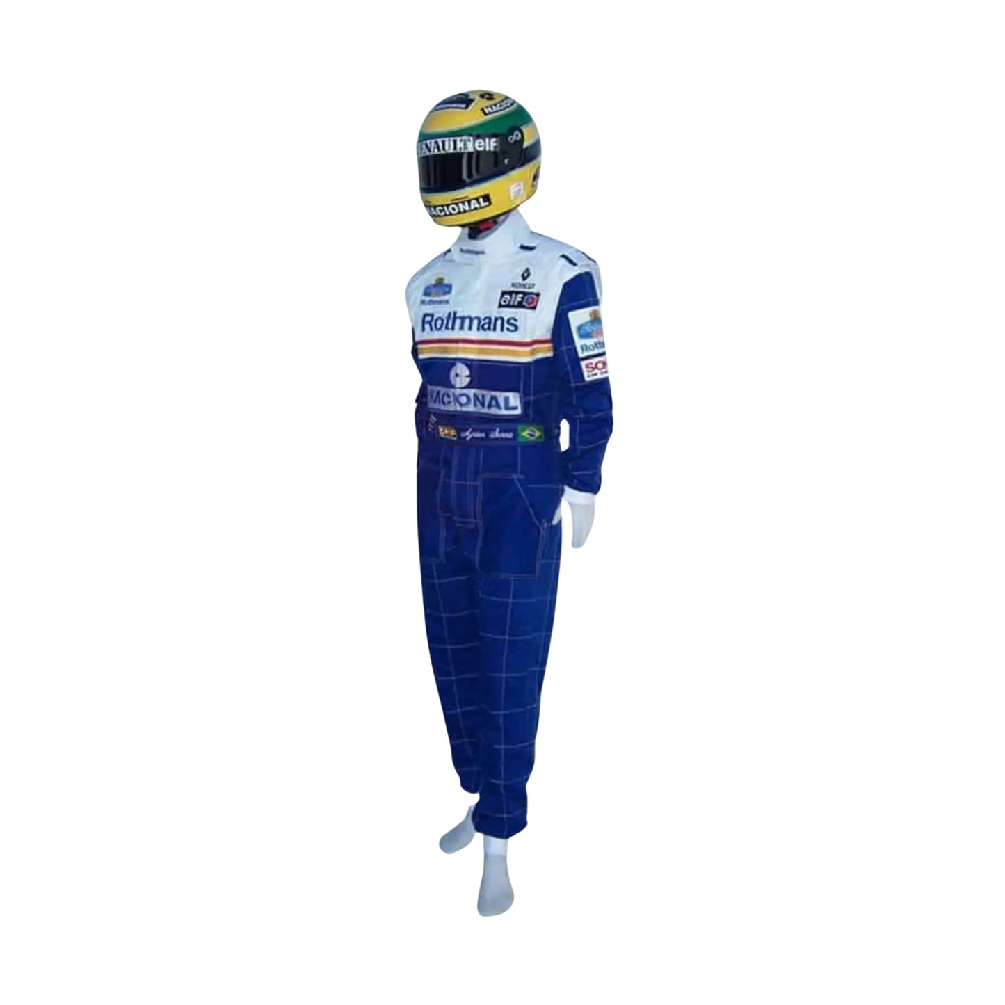 1994 Ayrton Senna Williams F1 Replica Racing Suit Right Side View, Embroidered Sponsor Patches, Blue and White Design, Elastic Waistband