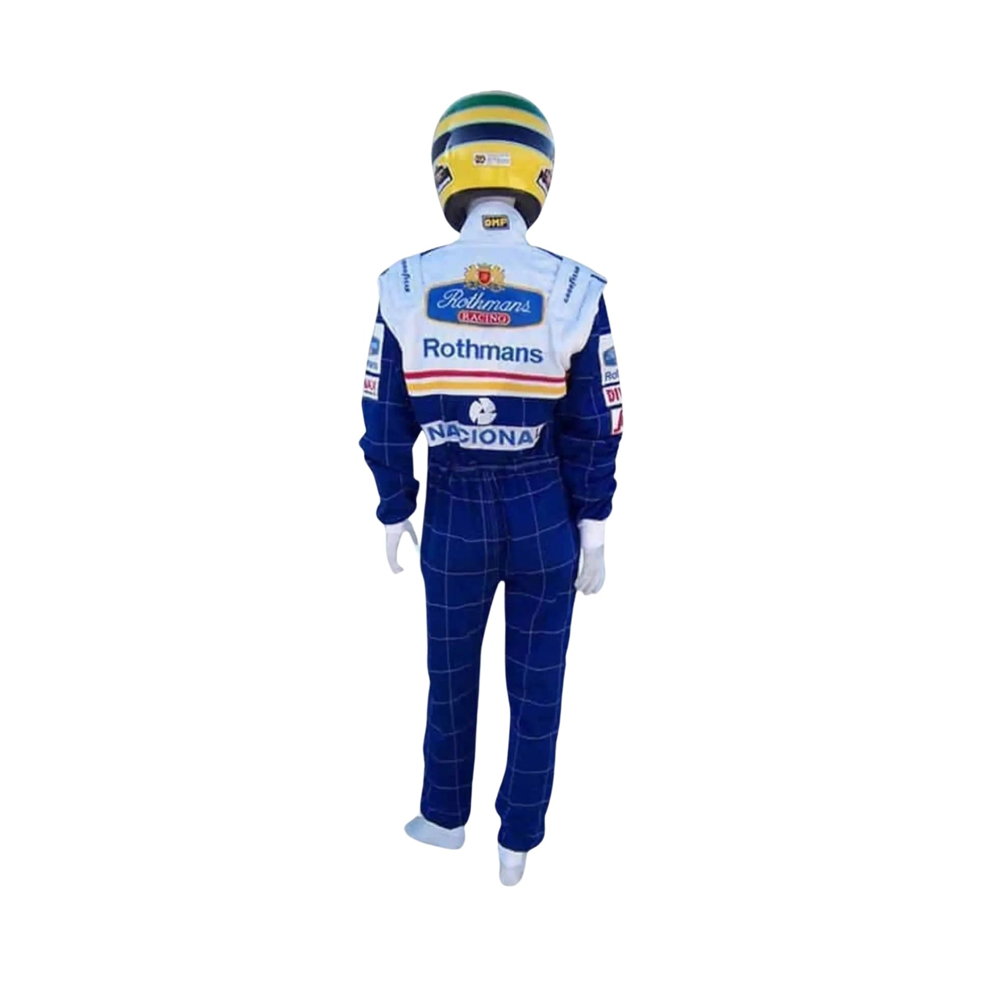 1994 Ayrton Senna Williams F1 Replica Racing Suit Back View, Embroidered Sponsor Logos, Adjustable Waist