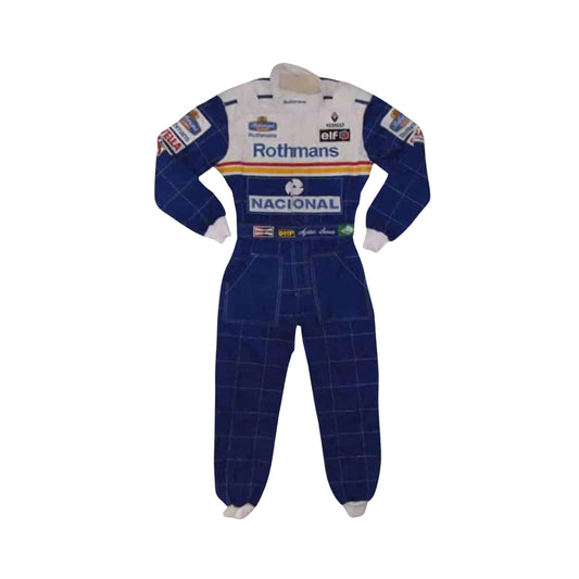 1994 Ayrton Senna Williams F1 Replica Racing Suit Front View, Blue and White Design, Embroidered Sponsor Patches