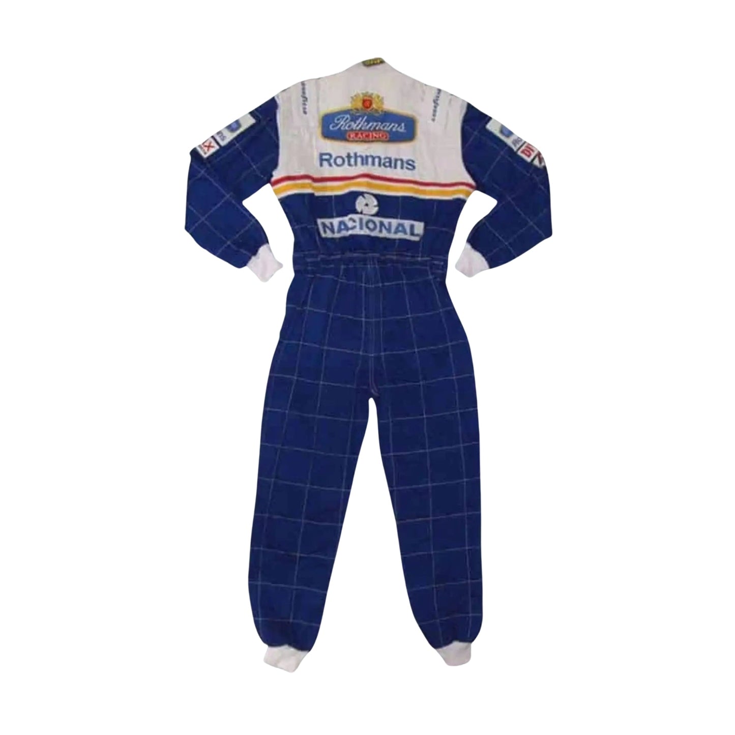 1994 Ayrton Senna Williams F1 Replica Racing Suit Back View, Embroidered Sponsor Logos, Adjustable Waist