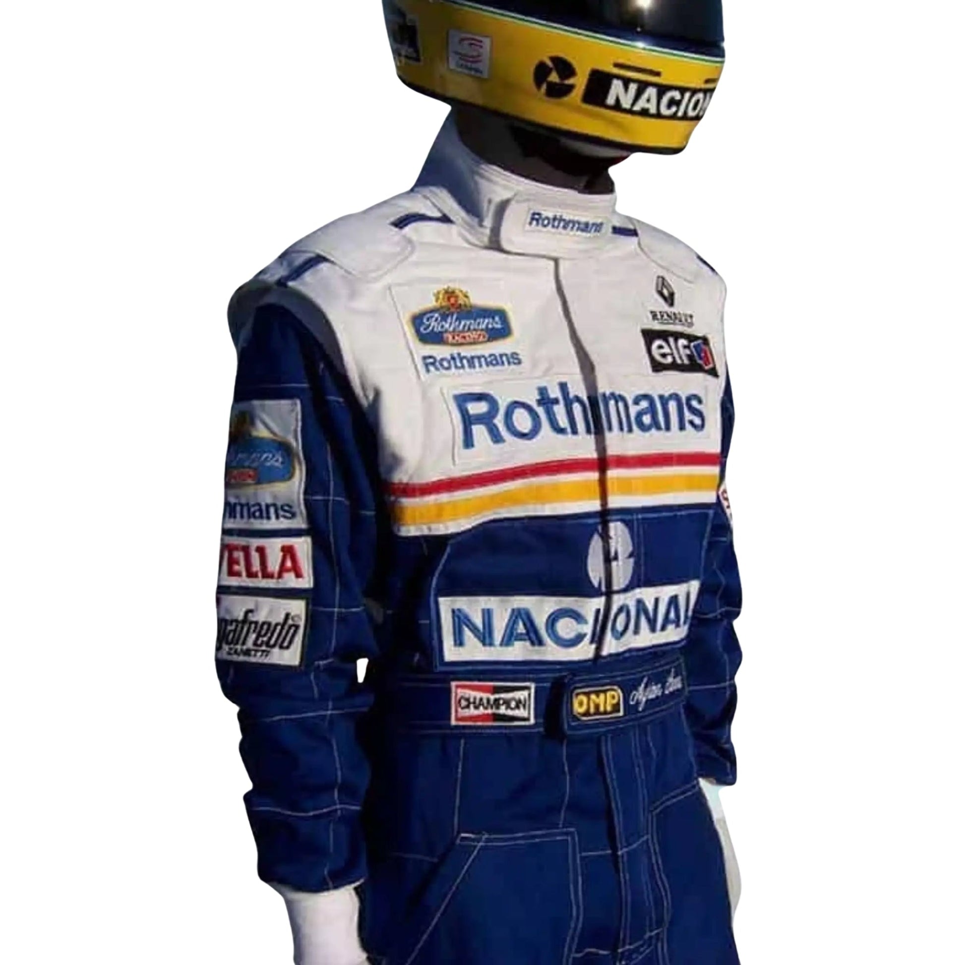 1994 Ayrton Senna Williams F1 Replica Racing Suit Half Left Side, Embroidered Patches, Blue and White Pattern on Sleeves