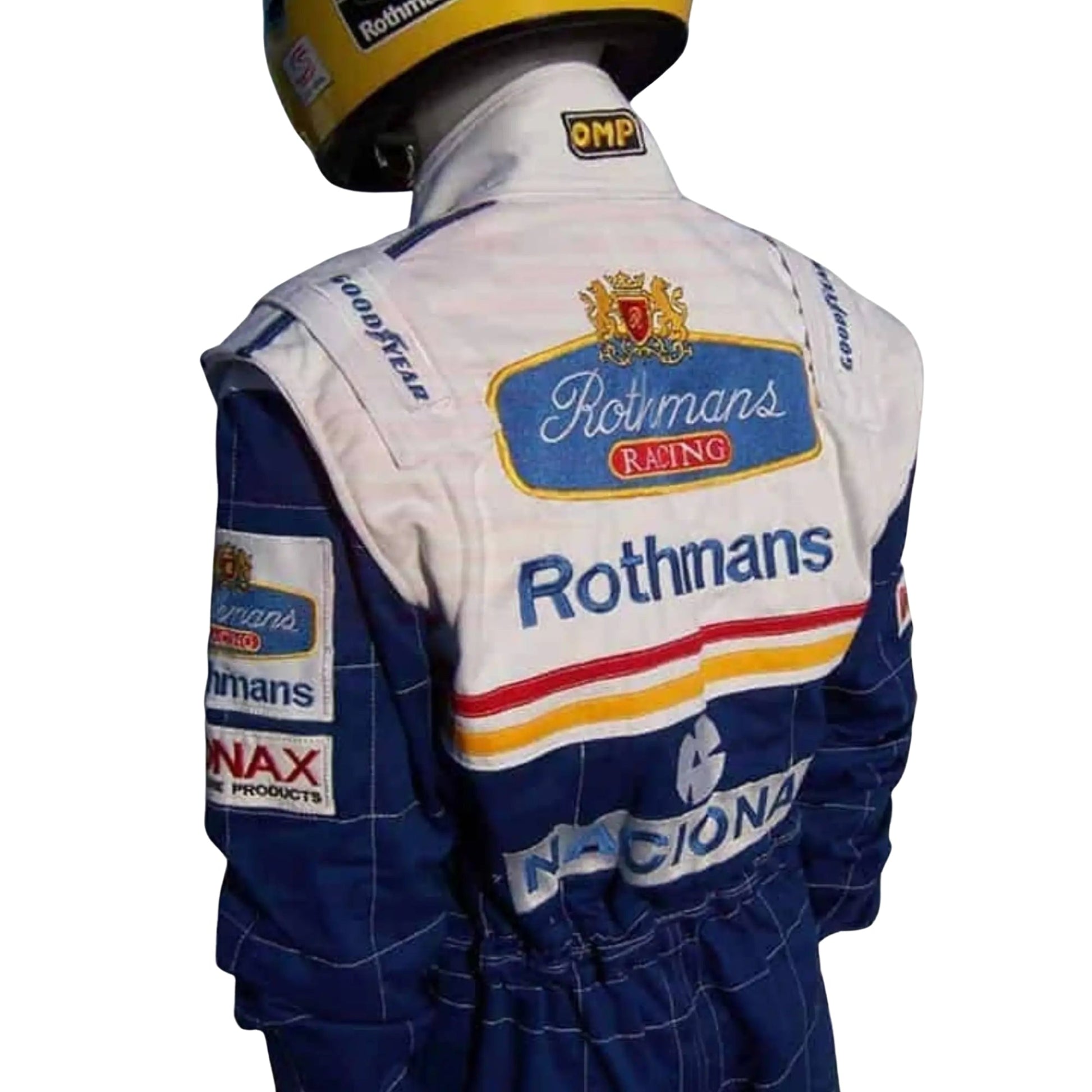 1994 Ayrton Senna Williams F1 Replica Racing Suit Half Back View, Embroidered Logos, Blue and White Pattern, Shoulder Detail