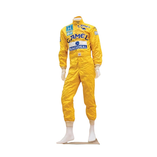 1987 Ayrton Senna Camel Monaco GP F1 Replica Race Suit Front View, Yellow Suit, Camel Logo, Embroidered Patches