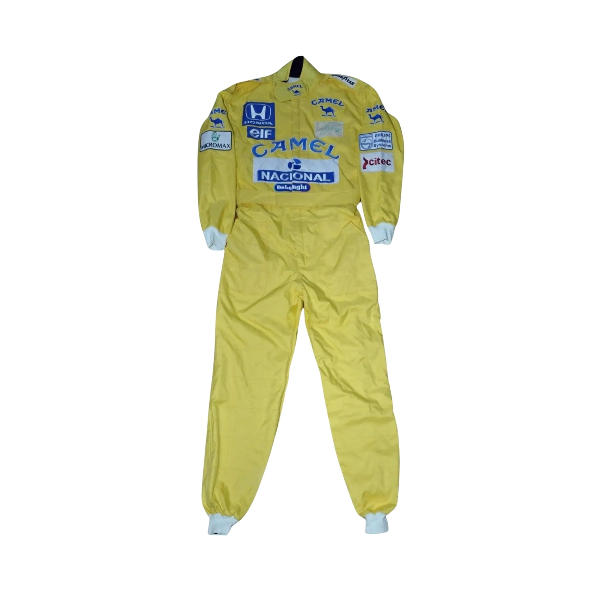 1987 Ayrton Senna Camel Monaco GP F1 Replica Race Suit Front View, Yellow Suit, Camel Logo, Embroidered Patches