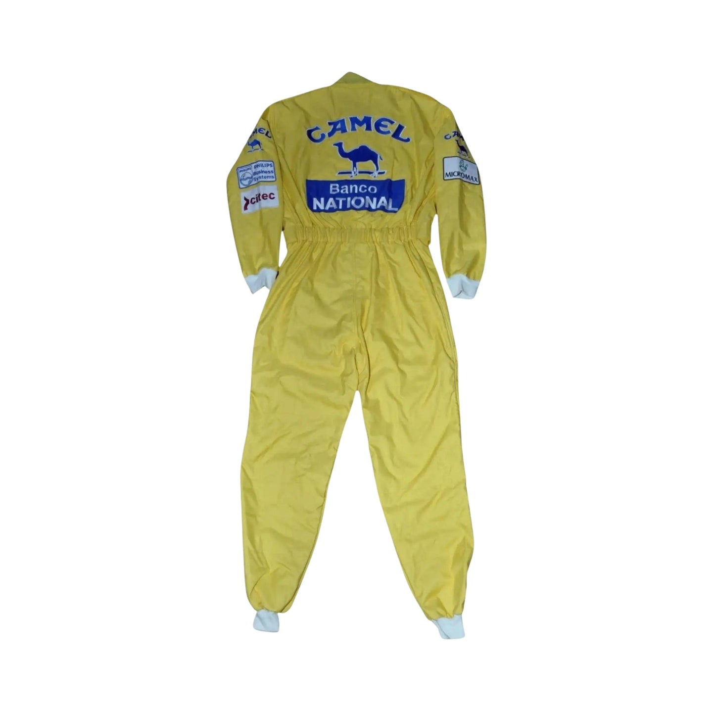 1987 Ayrton Senna Camel Monaco GP F1 Replica Race Suit Back View, Full Yellow Design, Embroidered Sponsor Logos, Adjustable Waist