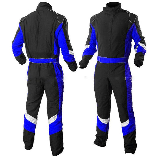 Front and back View Black and Blue Go-Kart Car Race Costume – Premium Karting Driver Suit, Lightweight Protective Racing Outfit