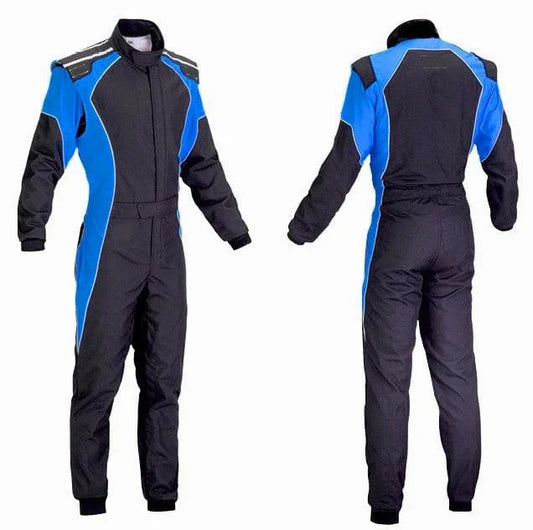 A two-piece black and blue go-kart racing suit with a full zip and elasticated cuffs, displayed in both front and back views.