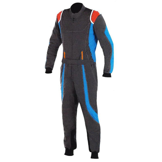 A black kart racing suit with blue accents and orange stripes on the sleeves and a full zip front.