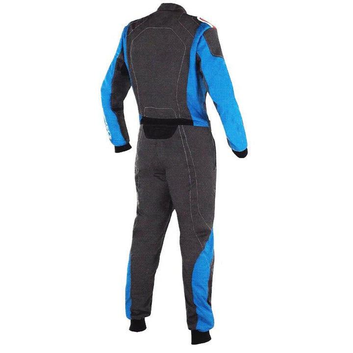 Back View of black and blue Cordura one-piece kart racing suit 