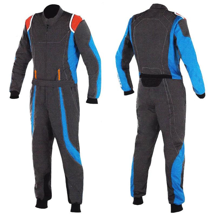 black and blue Cordura one-piece kart racing suit featuring lightweight breathable fabric, secure zip closure, stretch panels for comfort and adjustable belt – custom name option available.