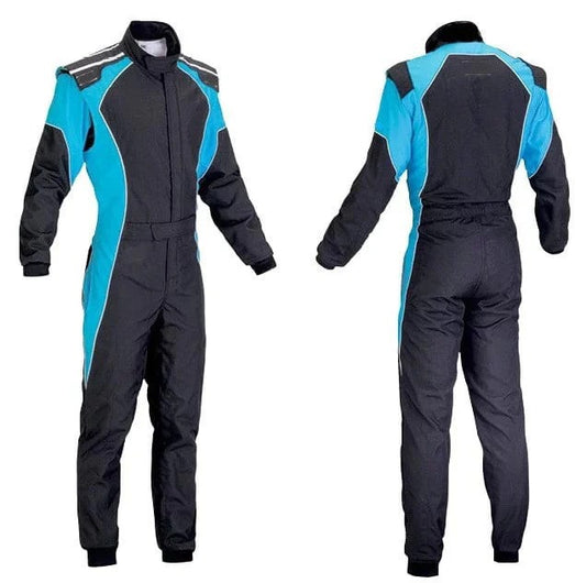 A front and back view of a black and blue racing suit for go karting, featuring a full zip and elasticated cuffs.