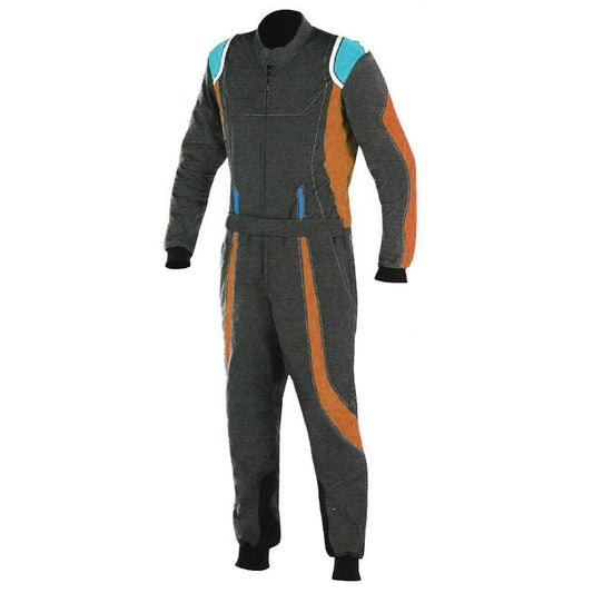 A black and brown racing suit with orange accents and blue zip detailing, designed for karting with a full zip and elasticated cuffs.