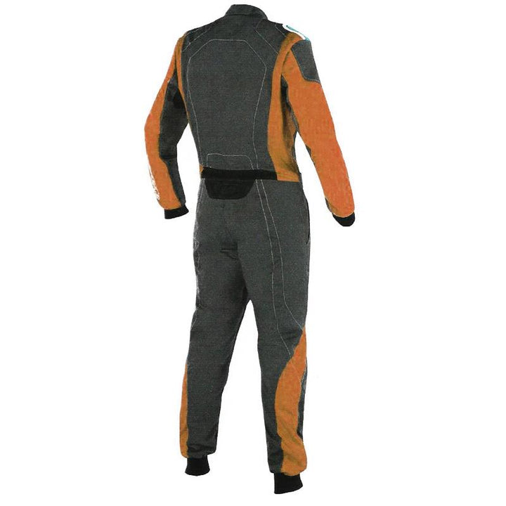 Back View of black and brown karting racing suit featuring lightweight breathable fabric, secure zip closure, stretch panels for comfort and matching gloves & belt – custom name option available.