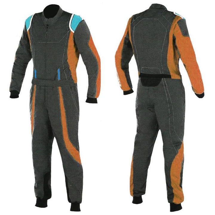 black and brown karting racing suit featuring lightweight breathable fabric, secure zip closure, stretch panels for comfort and matching gloves & belt – custom name option available.