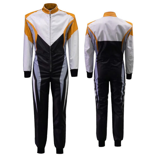 A custom go-kart race suit featuring a two-tone design with black and purple, including a full zip and elasticated cuffs, displayed front and back.