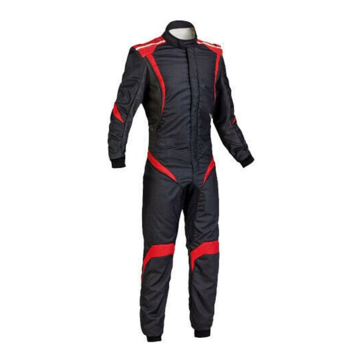 A black go-kart driver race wear with red accents, featuring a full zip and elasticated cuffs, displayed on a mannequin.