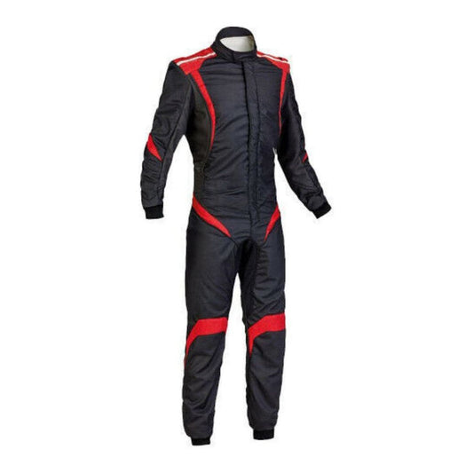 A black go-kart driver race wear with red accents, featuring a full zip and elasticated cuffs, displayed on a mannequin.