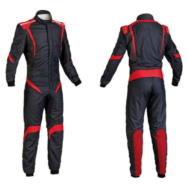 black go-kart driver race wear featuring lightweight breathable fabric, secure zip closure, stretch panels for comfort and adjustable belt – custom name option available.