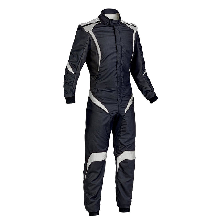 A black go-kart driver racing suit with white and gray accents, featuring a full zip closure and elasticated cuffs.
