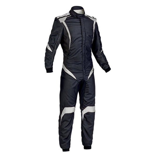 A black go-kart driver racing suit with white and gray accents, featuring a full zip closure and elasticated cuffs.
