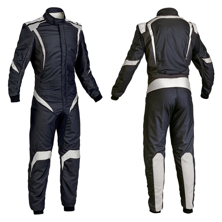 black go-kart driver racing wear featuring lightweight breathable fabric, secure zip closure, stretch panels for comfort and adjustable belt – custom name option available.