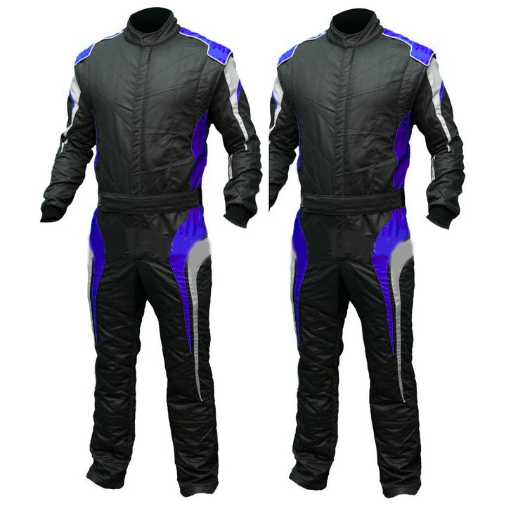 A pair of black go-kart race suits with blue accents, including a full zip and elasticated cuffs, displayed frontally.