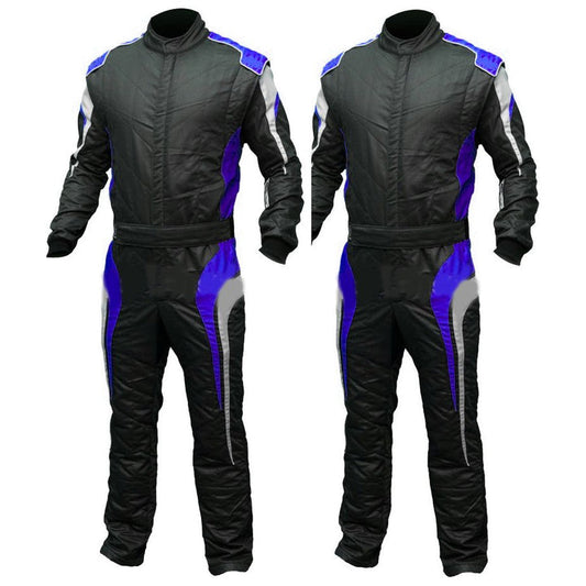 A pair of black go-kart race suits with blue accents, including a full zip and elasticated cuffs, displayed frontally.