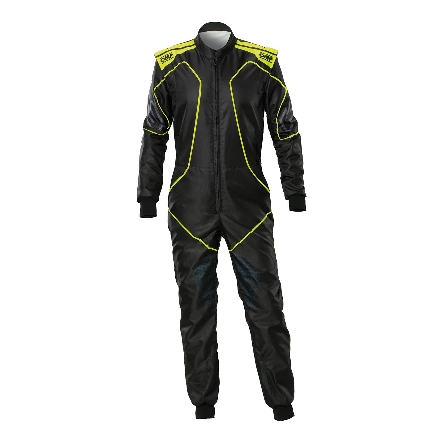 Front view of black with yellow accents OMP KS-3X ART Style 2 FIA go-kart racing suit with professional dual-layer design and durable protective material