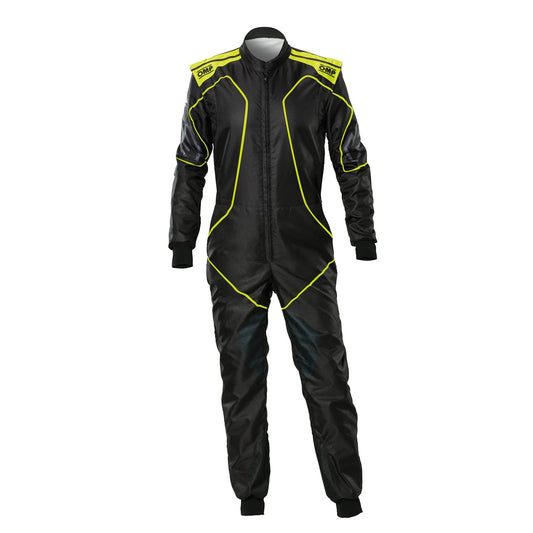 Front view of black with yellow accents OMP KS-3X ART Style 2 FIA go-kart racing suit with professional dual-layer design and durable protective material