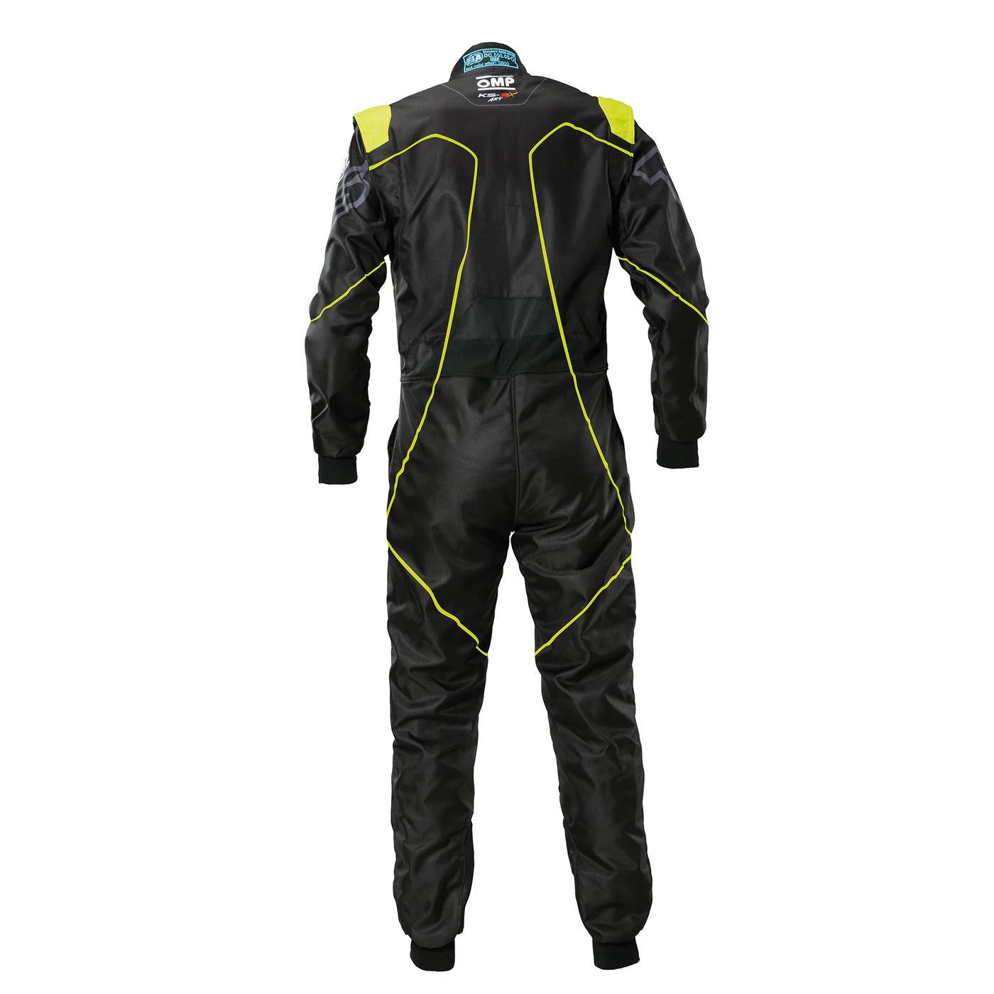 Back of OMP KS-3X ART Style 2 FIA black with yellow accents go-kart suit featuring FIA-approved structure and reinforced ventilation panels