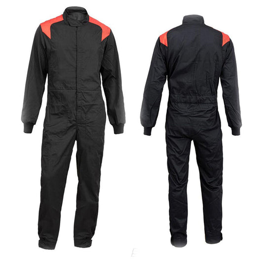 A Black go-kart racing costume with red accents on the sleeves and back, featuring a full zip and elasticated cuffs.