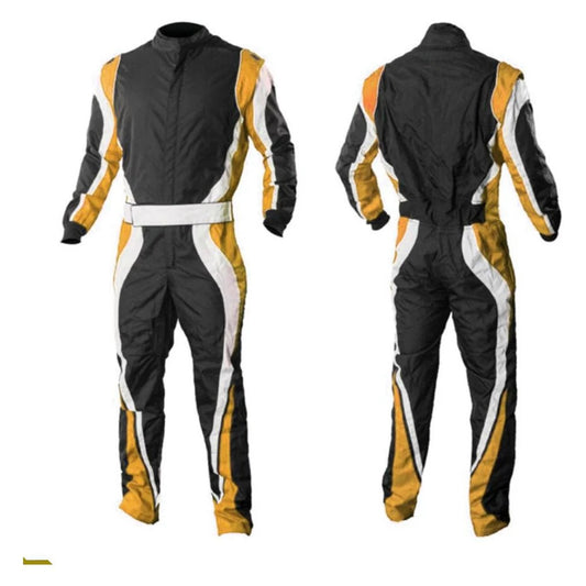A one-piece black, gold, and white go-kart car race wear with a full zip and elasticated cuffs, displayed in both front and back views.